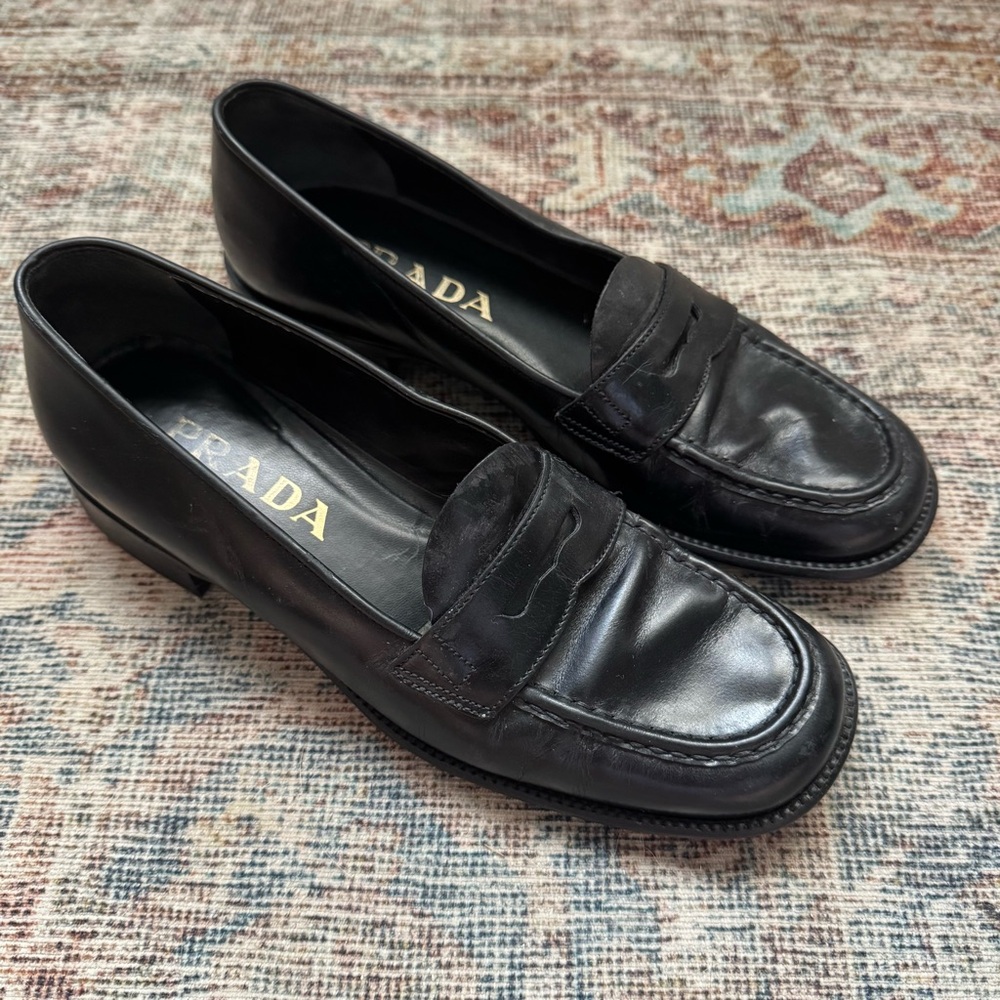 Prada Black Leather Penny Loafers